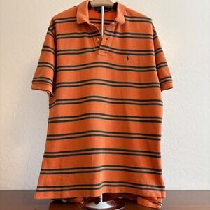 VTG Polo Ralph Lauren Striped Polo‎ Shirt Mens L Orange Green Soft Mesh Cotton
